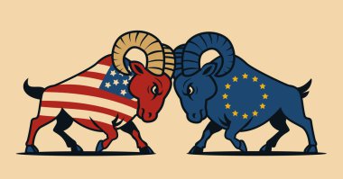 ABD 'nin AB ticaret savaş kavramı, iki koçun vücutlarında Amerikan ve Avrupa Birliği bayraklarıyla çakıştığı bej arka plan illüstrasyonu
