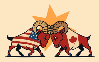 ABD Kanada ticaret savaş illüstrasyonunda Amerikan ve Kanada bayraklı iki koçun yıldız arkaplanına çarpıştığı cesur renkler dinamik tasarım vektörü çizimi