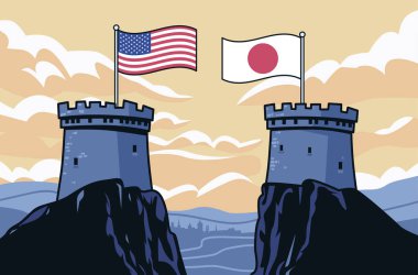 Kale kulelerinde bayraklar ve dramatik bir gökyüzü arka planı ile ekonomik çatışma illüstrasyonunu sembolize eden ABD Japonya ticaret kavramı