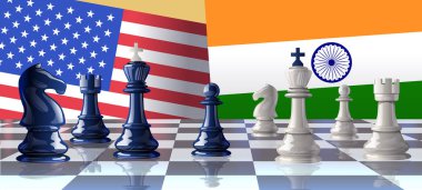 Satranç taşları ticari savaş ABD Hindistan satranç tahtası yansıması stratejik rekabet kavramı uluslararası ilişkiler rekabet vektör illüstrasyonu