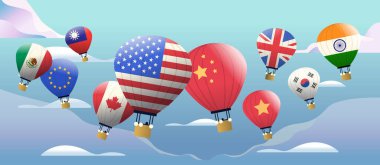 Sıcak hava balonları ve ülke bayrakları Amerika Birleşik Devletleri 'nin Çin' deki ticaret savaşını temsil ediyor. Gökyüzü arka planı. Vektör illüstrasyonu