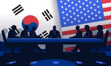 Güney Kore Ticaret Savaşı ABD müzakere siluetleri karşısında bayraklar koyu tonlar Vektör illüstrasyon