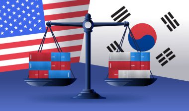 Ticari savaş ABD Güney Kore denge konteynerleri ekonomik çatışma vektör ilüstrasyonunu bayraklar