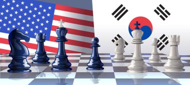 ABD Güney Kore savaş santranç savaşı kavramı ve santranç taşları iki ülke arasındaki stratejik rekabet vektör illüstrasyonunu temsil ediyor.