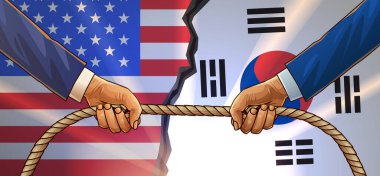 Ticari savaş ABD Güney Kore konsept resimleme. Amerikan ve Güney Kore bayraklarına halat çekme çatışmayı sembolize ediyor. Parlak renkler. İnternet sitesi afişi. Vektör illüstrasyonu.