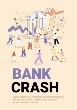 Banka iflası ekonomik kriz insanlar panik içinde banka binası finans tabloları kalabalık çeşitli yayalar pastel renkler web sitesi illüstrasyon