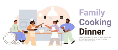 Mutfakta aile yemeği hazırlayan çeşitli insanlar modern ev tasarımı web sitesi afişi