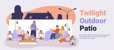 Alacakaranlık verandası insanları topluyor kanepeleri dinlendiriyor akşamları rahat ev ağaçları yumuşak renkler modern web sitesi illüstrasyonları