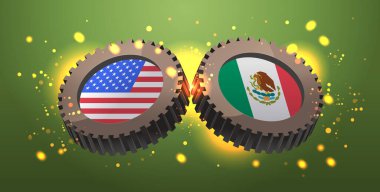 ABD Meksika ticaret savaş tarifeleri ulusal bayraklarla çatışan savaş konsepti vitesleri yeşil arka plan ekonomik çatışma soyut sancak illüstrasyonuna yol açtı