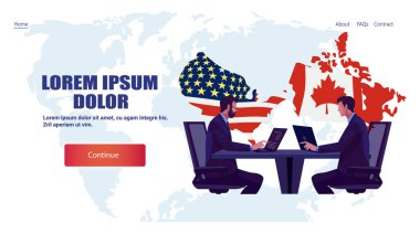 Ticari savaş tarifeleri savaş ABD Kanada müzakere işadamları masaüstü bilgisayarları dünya haritası arka plan ulusal bayraklar web sitesi illüstrasyon