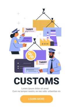 Gümrük memurları nakliye konteynırlarını kontrol ediyor. Üniformalı iki memur, fabrika geçmişi olan belgeleri ve konteynırları kontrol ediyor. Vektör illüstrasyonu.