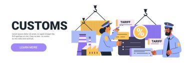 Gümrük memurları arka planda nakliye konteynırları ve belgelerle gümrük tarifelerini tartışıyor. Renkli unsurlar ticaret ve gümrük vergisi temaları tasvir ediyor. İnternet sitesi afişi. Vektör illüstrasyonu.
