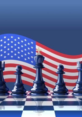 Amerikan bayrağı geçmişi olan satranç taşları ticaret savaş stratejisini sembolize ediyor. Yansıtıcı tahtada bayrak sallamaya karşı koyu mavi satranç taşları. Vektör illüstrasyonu