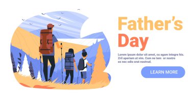 Baba ve çocuklar dağ manzarası gezintisi macerası aile rengarenk doğa manzarası gezginleri soyut arka plan web taşıyıcı illüstrasyonları