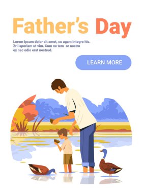 Baba ve oğul ördekleri besliyor. Güz manzarasını birbirine bağlıyor. Açık hava aktiviteleri web sitesi afişi.