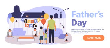 Baba ve çocuklar arka bahçede balonlar, aile balonları, açık hava partisi sahne fenerleri, kanepe sancakları, modern web sitesi iniş sayfası, vektör illüstrasyonu.
