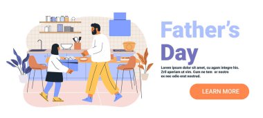 Babalar Günü 'nü kutluyoruz. Babalar hediye olarak mutfak ailesi alıyor. Modern ev yapımı pastel renkler web pankartı illüstrasyonları.