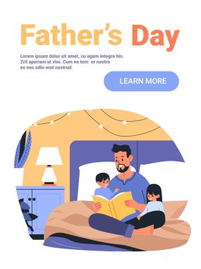 Baba çocuklara masal okuyor aile bağları sıcak yatak odaları sıcak renkler komodin bitkileri web sitesi illüstrasyonları