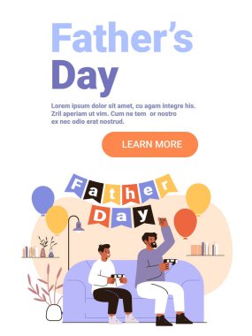 Baba ve oğul video oyunları oynuyor oturma odası balonları şenlikli ev dekorasyonu modern web sitesi illüstrasyonları