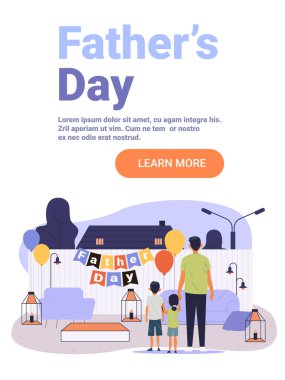 Babalar Günü aile bahçesini kutluyor çocuklar şen şakrak sahne ışıkları kanepe fenerleri modern düz web sitesi illüstrasyon