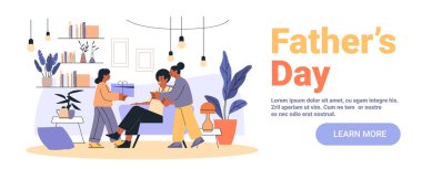 Babalar Günü aile kutlaması hediyesi, neşeli insanlarla oturma odası sahnesi, modern dekorlar, rahat ev içi web sitesi illüstrasyonları, Vector illüstrasyonları.