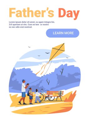 Baba ve çocuklar açık havada uçurtma parkı uçuruyorlar aile aktiviteleri bisiklet bankları doğa manzarası web sitesi illüstrasyonu