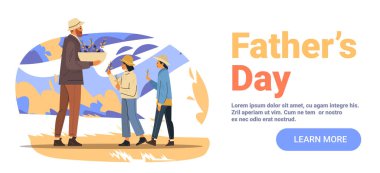 Çocuklu baba, Babalar Günü 'nü dışarıda kutluyor. Aile bağları, çiçeklere modern düz tasarım web sitesi illüstrasyonları veriyor.