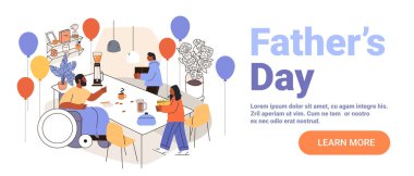 Babalar Günü aile kutlaması balonlar mutfak masası kahve çeşitli insanlar web pankartı illüstrasyonları.