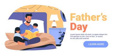 Baba, çocukların yatak odasına kitap okuyor aile bağları, rahat ev lambaları şenlik masası ışıkları mavi turuncu vektör illüstrasyonu.