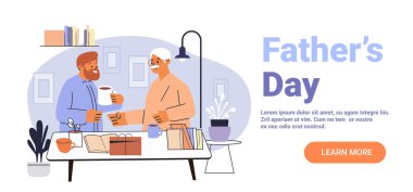 Baba ve oğul Babalar Günü 'nü birlikte kutluyorlar. Kahve hediyelerini paylaşıyorlar. Evlerinde rahat, modern, düz tasarım web sayfası illüstrasyonları.