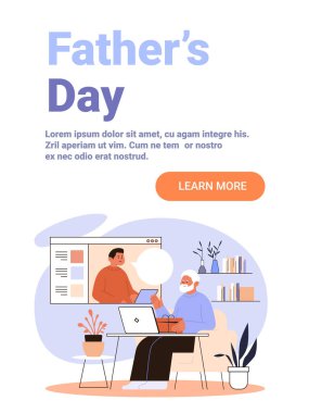 Baba-oğul videosu aile kutlama salonunu arıyor dizüstü bilgisayarlar ev yapımı pastel renkler web sitesi illüstrasyonları