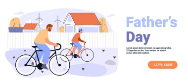 Baba oğul bisiklet sürerken aile aktivitesi kırsal alanda rüzgar türbinleri güneş panelleri modern düz web sitesi illüstrasyonları