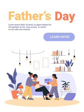 Babalar Günü aile kutlaması. Babalara hediye, çocuklara oturma odası, bitkiler rahat ev, modern daire çizimi.