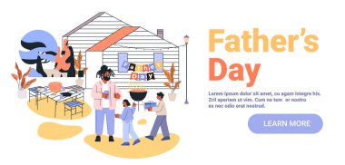 Babalar Günü Aile Bahçesi Barbekü Kutlaması Babalar Günü Çocuklar açık hava hediye masasına modern düz web sitesi illüstrasyon