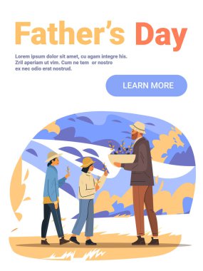 Babalar Günü aile kutlaması baba çocuklar çiçeklere doğa manzarası modern düz tasarım web sitesi illüstrasyonları