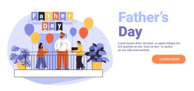 Babalar Günü aile kutlaması. Babalar Günü 'nde çocuklar balon hediye ediyor. Çiçekler, balkon sahnesi, web sitesi illüstrasyonları.
