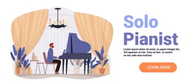 Solo piyanist kuyruklu piyano performansı zarif oda konser salonu bitkileri avize perdeler modern web sitesi illüstrasyonları
