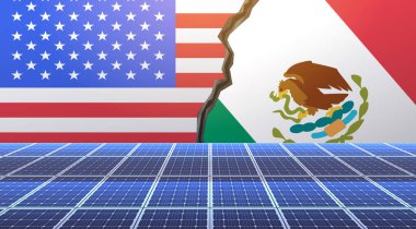 ABD Meksika savaş konsepti, güneş panelleri ve yırtık bayraklar. Ekonomik çatışmaları ve yenilenebilir enerjiyi resmediyor. Pankart ya da web sitesi için ideal. Vektör illüstrasyonu.