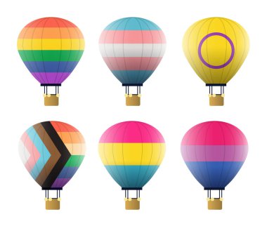 Sıcak hava balonları LGBTQ rengarenk festival kutlamalarının bayraklarını altı beyaz dizayn gökkuşağı gradyanı düz grafik gösterimine izole etti