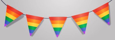 LGBT gururlu gökkuşağı, renkli bayraklar açık gri arkaplan parti dekorasyonu Vektör illüstrasyonuyla ipte asılı.