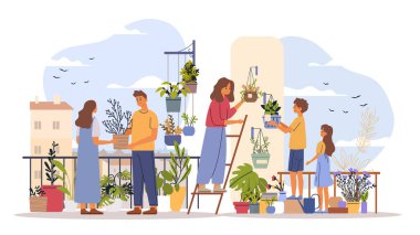 Aile bahçeleri kentsel balkon tesisleri açık hava takım çalışması çiçek saksıları yeşil yapraklar gökyüzü arka plan modern düz tasarım Vektör illüstrasyonları.