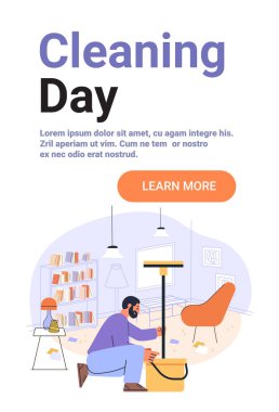 Adam oturma odasını temizliyor modern ev içi kitaplık koltuğu vakum kovası rahat ev yapımı pastel renkler web sitesi illüstrasyonuName