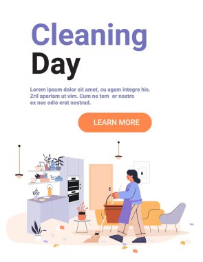 Modern oturma odası mutfağını temizleyen kadın günlük ev işleri rahat mobilya bitkileri düz arkaplan iniş sayfası illüstrasyon