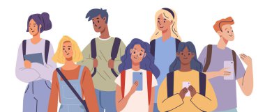 Çeşitli öğrencilerden oluşan bir grup okula geri döndü. Sırt çantalı gençler. Sırt çantalı gençler.