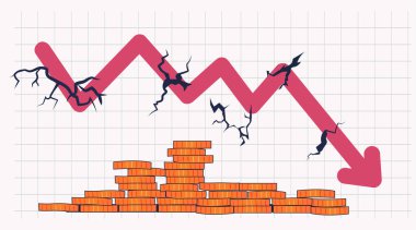 Düşen kırmızı ok finansal kriz kavramı bozuk para çizgisi grafiği ızgara arka plan ekonomik durgunluk şeması vektör illüstrasyonu şablonu