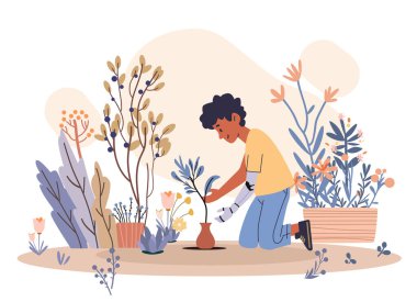 Protez kollu çocuk, bahçe çeşitliliği, bitki örtüsü renkli açık hava etkinliği modern düz tasarım Vector illüstrasyonu.