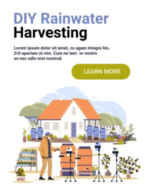 DIY yağmur suyu hasat ev bahçesi su varilleri adam video kamera kaydediyor tripod fabrikalar açık hava sürdürülebilir yaşam konsepti web sitesi illüstrasyon afişi