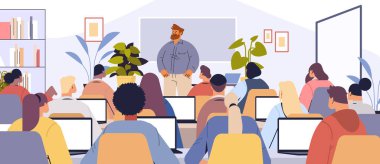 Modern eğitim grubunu öğrenen sınıf öğretmenleri dizüstü bilgisayar kullanıyor kitaplıklar yerleştiriyor iç akademik ders örnekleri sunuyor