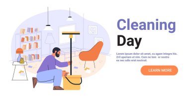 Oturma odasının içini paspas rafı lambasıyla temizleyen adam dağınık kağıtlar rahat ev sahnesi modern mobilya pastel renkleri web sitesi illüstrasyonları