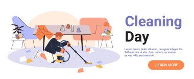 Adam oturma odasını süpürüyor ev işleri modern mobilyalar rahat ev dekorasyonu renkli halı renkli kağıt düz web sitesi illüstrasyon
